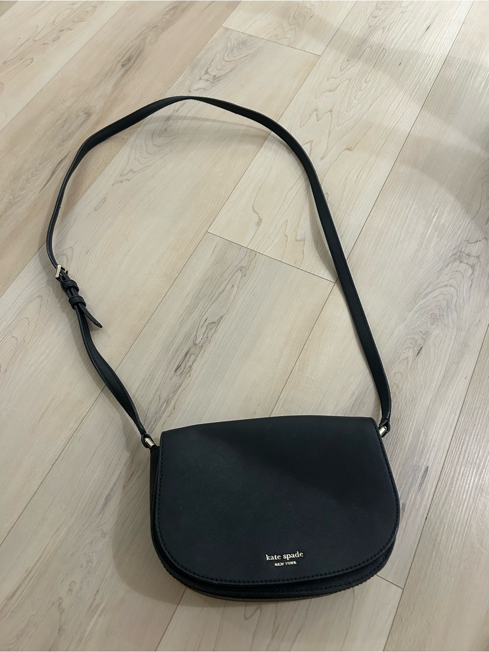 Kate Spade Black Crossbody Saddle Bag with Gold Lettering